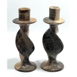1993 Set of 2 Vintage SOAPSTONE KENYA Africa Hand Carved Spiral Candlesticks 7"